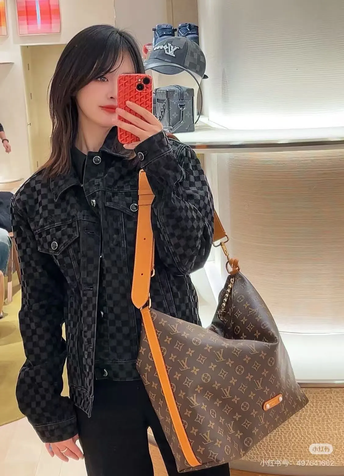 Louis Vuitton/Louis Vuitton Mosaic Flocked Checkered Spliced Denim Jacket
